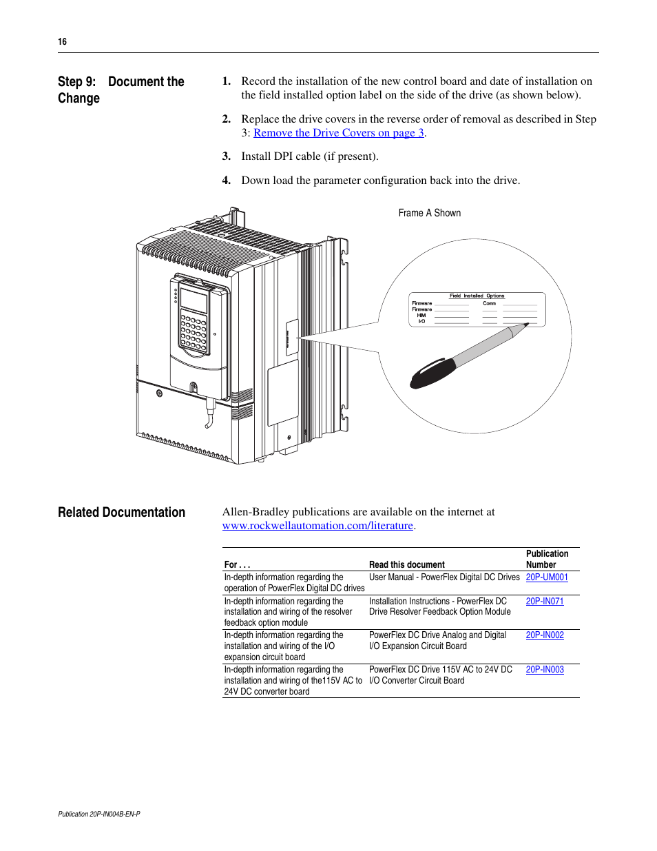 Step 9: document the change, Related documentation, Document the change | Rockwell Automation 20P, 23P PowerFlex DC Drive and SAR Control Circuit Board Installation Instructions User Manual | Page 16 / 18