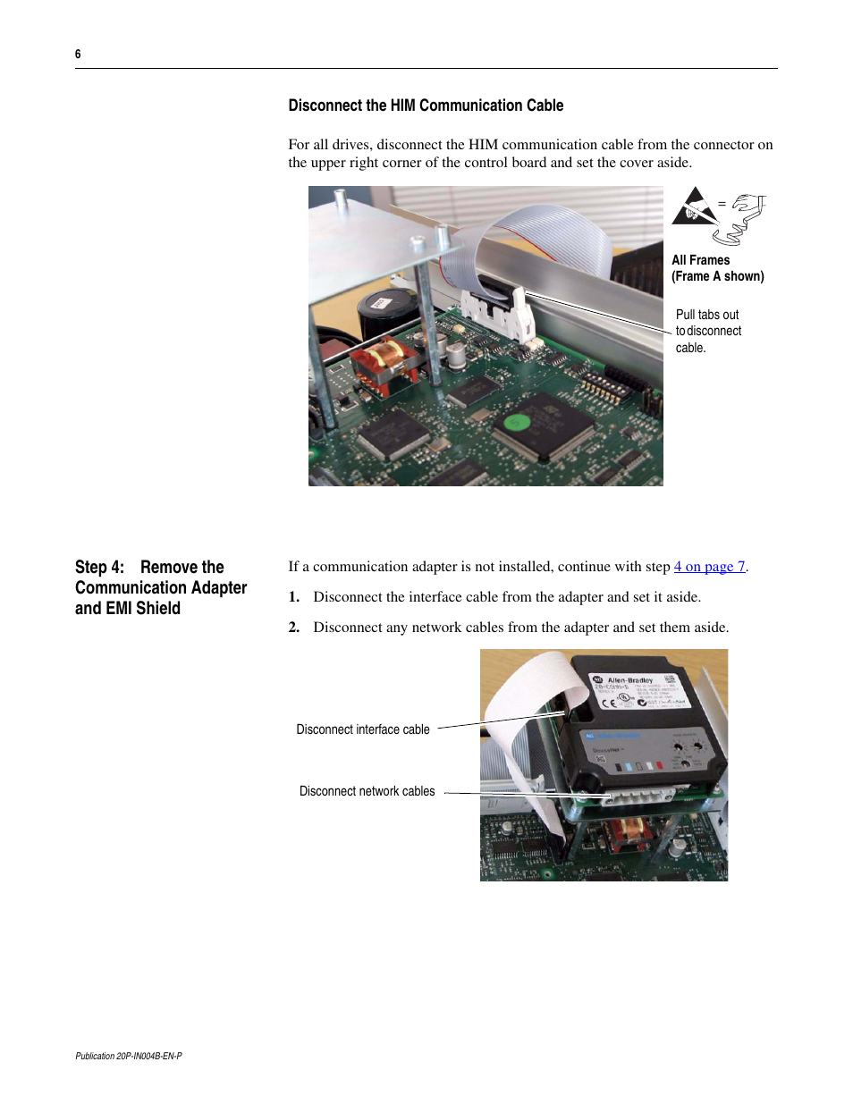 Remove the communication adapter and emi shield | Rockwell Automation 20P, 23P PowerFlex DC Drive and SAR Control Circuit Board Installation Instructions User Manual | Page 6 / 18