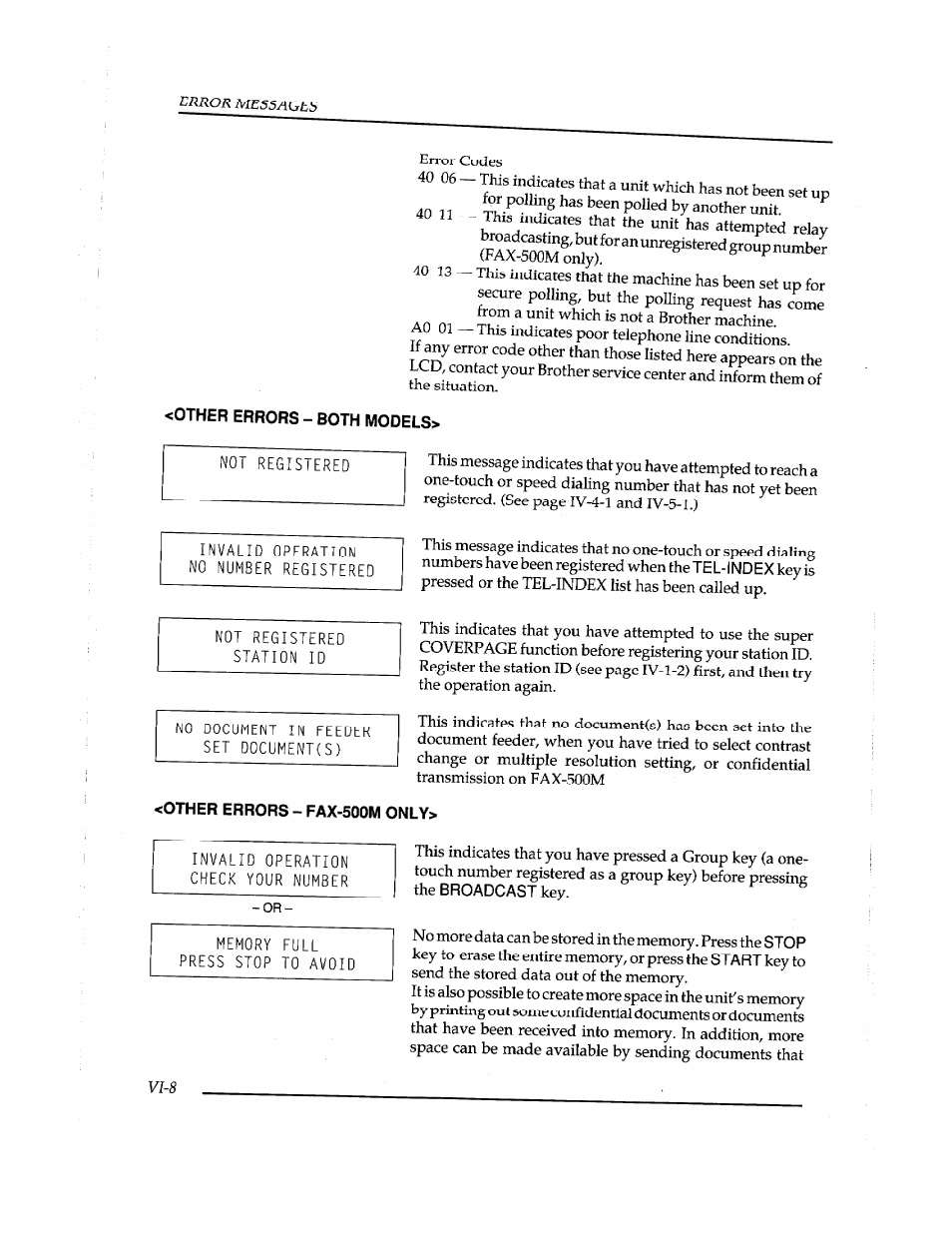 Other errors - both models, Other errors - fax-500m only | Brother Fax-410M User Manual | Page 154 / 164
