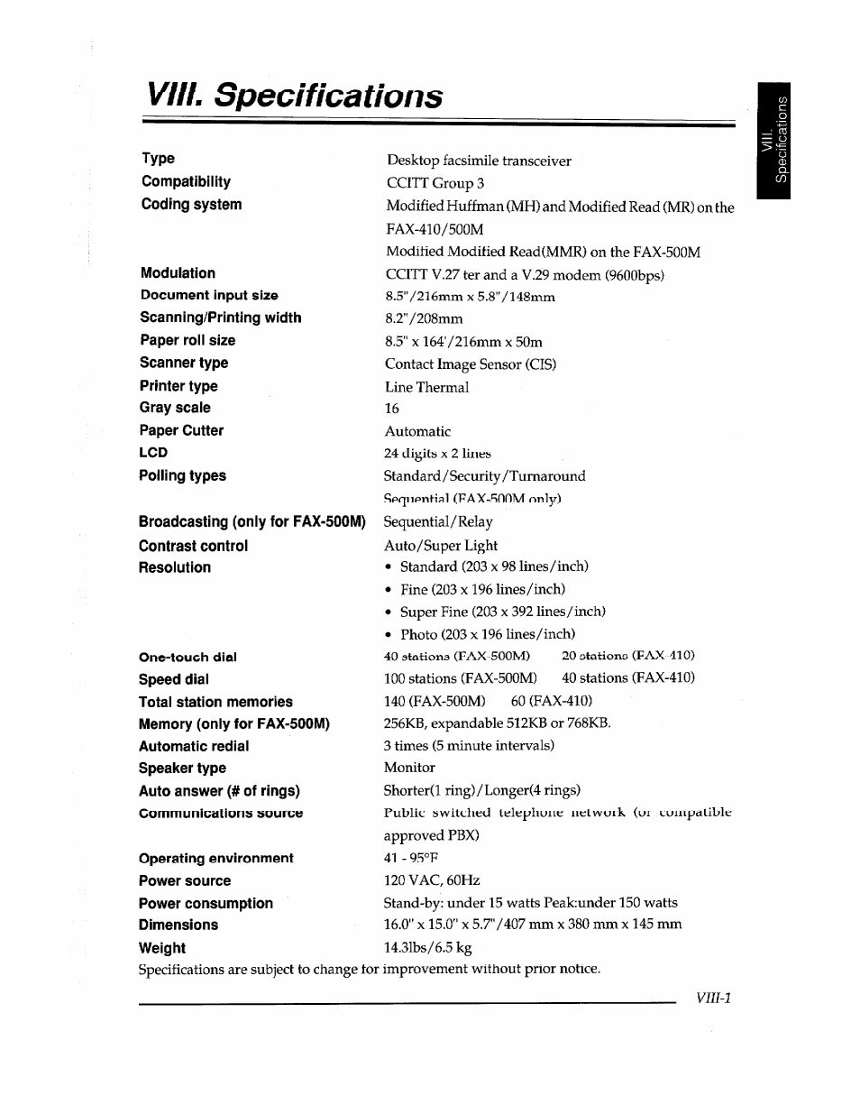 Vul specifications | Brother Fax-410M User Manual | Page 161 / 164