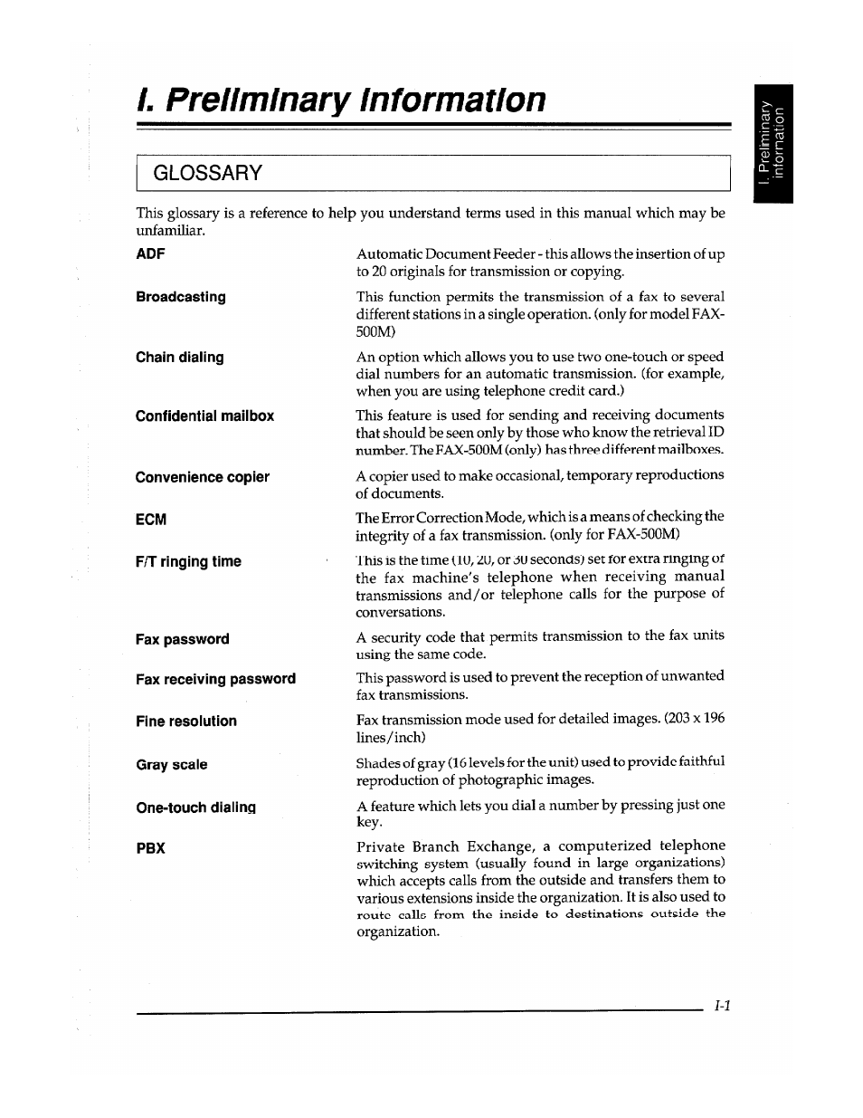 I. preliminary information, Glossary | Brother Fax-410M User Manual | Page 21 / 164