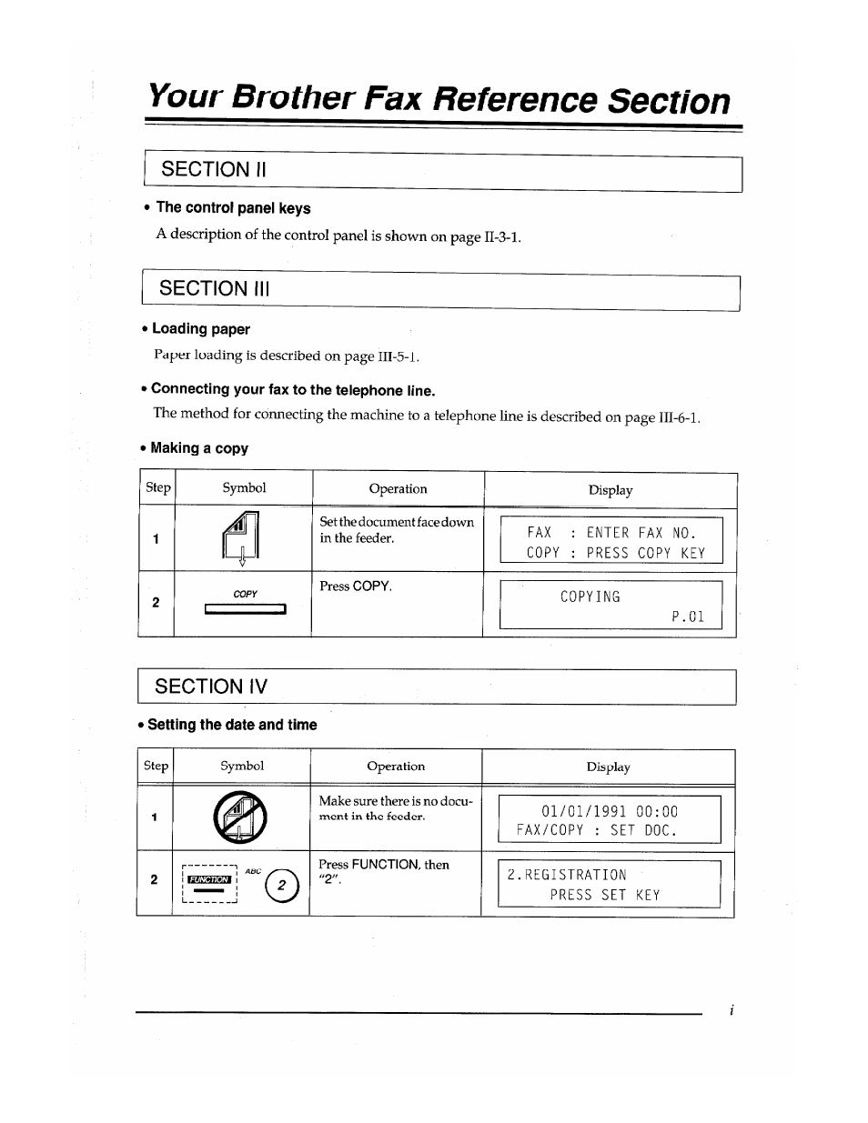 Your brother fax reference section, Section ii, The control panel keys | Section, Loading paper, Connecting your fax to the telephone line, Making a copy, Section iv, Setting the date and time | Brother Fax-410M User Manual | Page 3 / 164