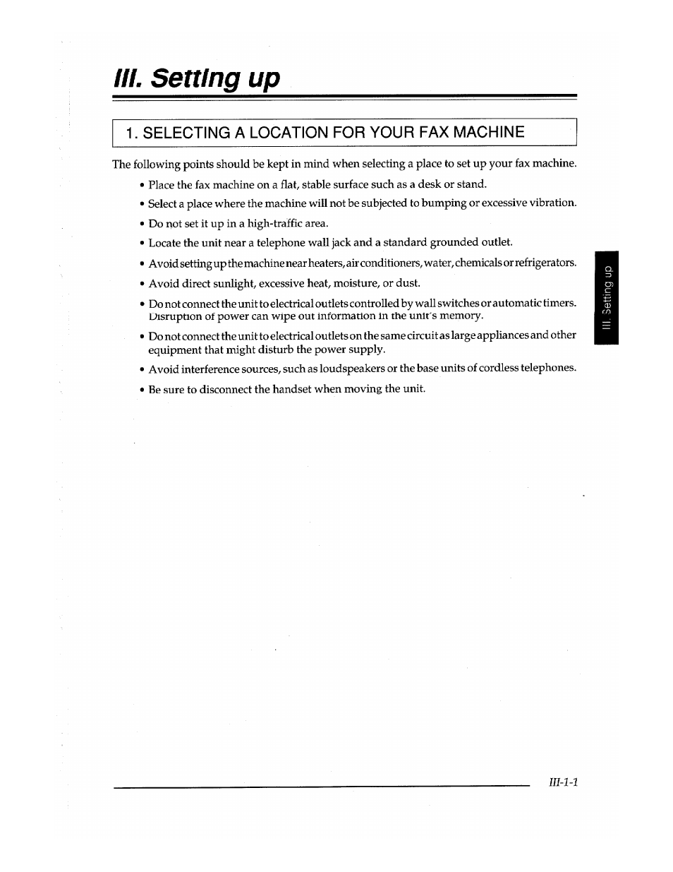 Til. setting up, Selecting a location for your fax machine | Brother Fax-410M User Manual | Page 39 / 164