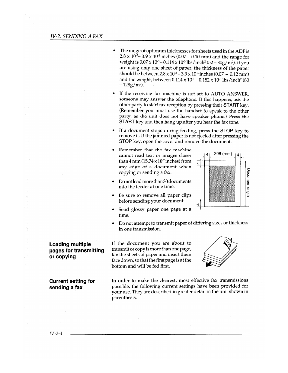 Loading multiple pages for transmitting or copying, Current setting for sending a fax | Brother Fax-410M User Manual | Page 70 / 164