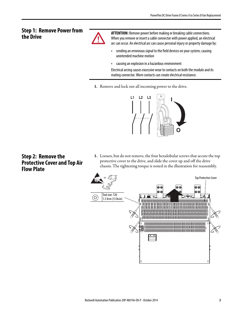 Step 1: remove power from the drive | Rockwell Automation 20P PowerFlex DC Drive Frame D Series A to Series B Fan Replacement User Manual | Page 3 / 8