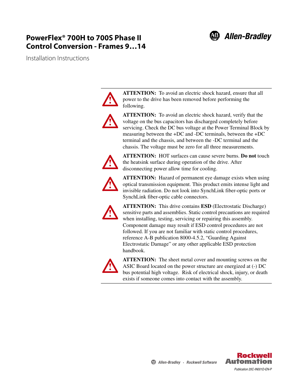Rockwell Automation 20D PowerFlex 700H to 700S Phase II Control Conversion (Frames 9...14) User Manual | 42 pages