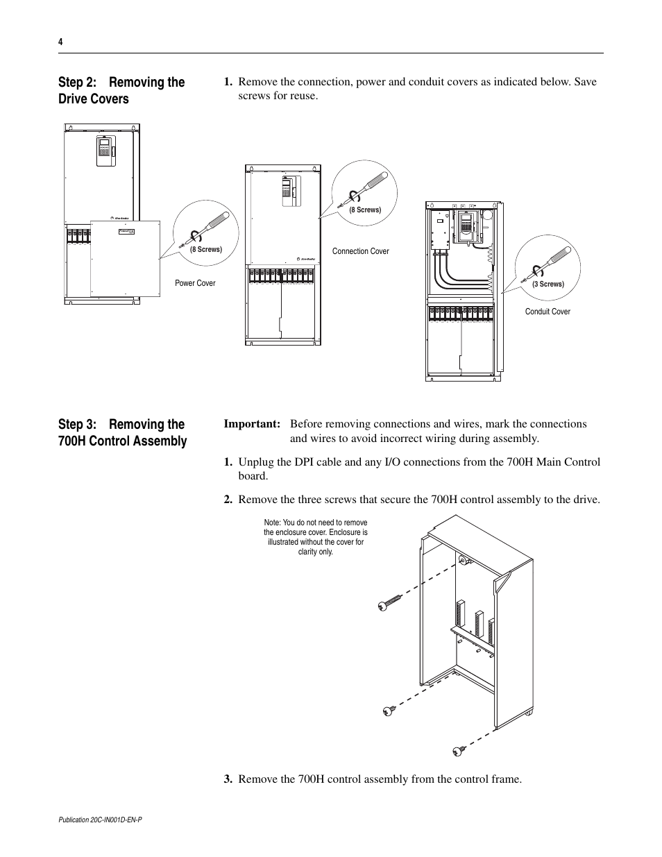 Step 2: removing the drive covers, Step 3: removing the 700h control assembly | Rockwell Automation 20D PowerFlex 700H to 700S Phase II Control Conversion (Frames 9...14) User Manual | Page 4 / 42