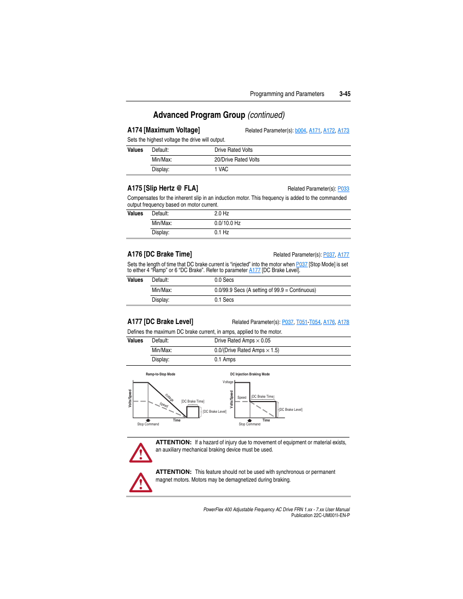 A174, A175, A176 | A177, Dc br, Advanced program group (continued), A174 [maximum voltage, A175 [slip hertz @ fla, A176 [dc brake time, A177 [dc brake level | Rockwell Automation 22C PowerFlex 400 AC Drive FRN 1.xx - 7.xx User Manual | Page 103 / 218