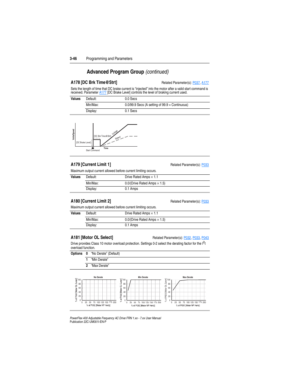 A181, A179, A180 | A178, Advanced program group (continued), A178 [dc brk time@strt, A179 [current limit 1, A180 [current limit 2, A181 [motor ol select, 46 programming and parameters | Rockwell Automation 22C PowerFlex 400 AC Drive FRN 1.xx - 7.xx User Manual | Page 104 / 218