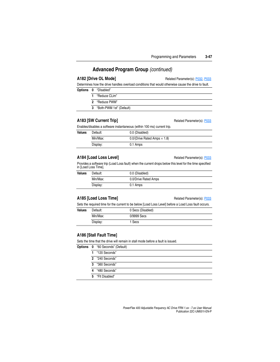 A186, A182, A183 | Advanced program group (continued) | Rockwell Automation 22C PowerFlex 400 AC Drive FRN 1.xx - 7.xx User Manual | Page 105 / 218