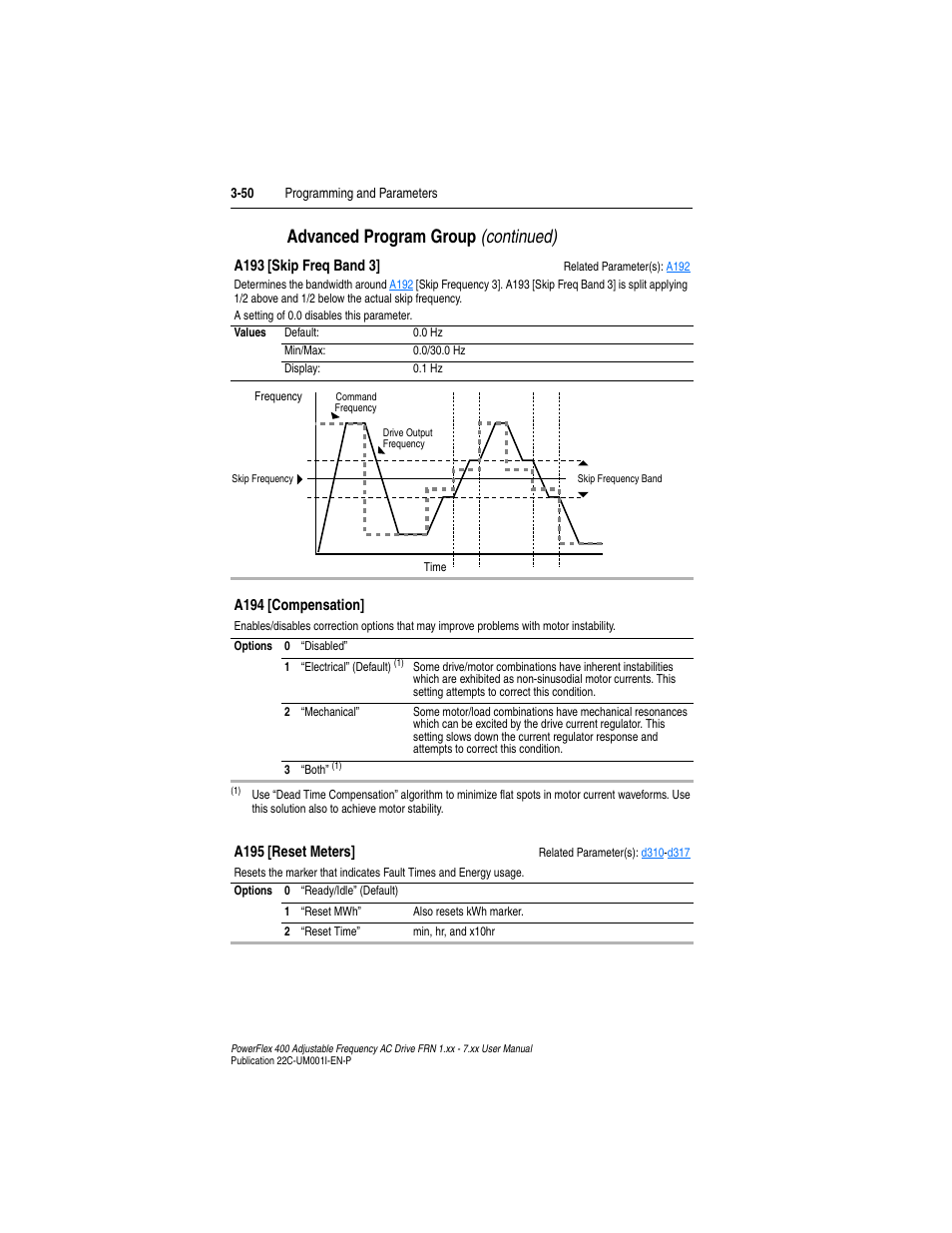 A195, A193, Advanced program group (continued) | Rockwell Automation 22C PowerFlex 400 AC Drive FRN 1.xx - 7.xx User Manual | Page 108 / 218