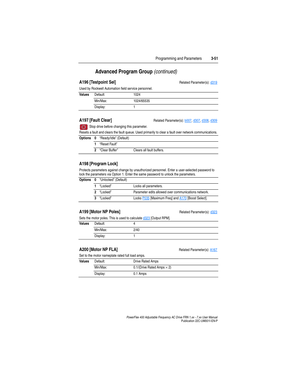 A197, A196, A200 | Advanced program group (continued) | Rockwell Automation 22C PowerFlex 400 AC Drive FRN 1.xx - 7.xx User Manual | Page 109 / 218