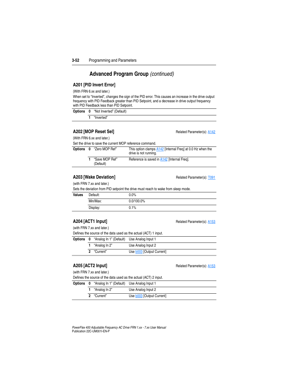 A203, A204, A205 | Advanced program group (continued) | Rockwell Automation 22C PowerFlex 400 AC Drive FRN 1.xx - 7.xx User Manual | Page 110 / 218