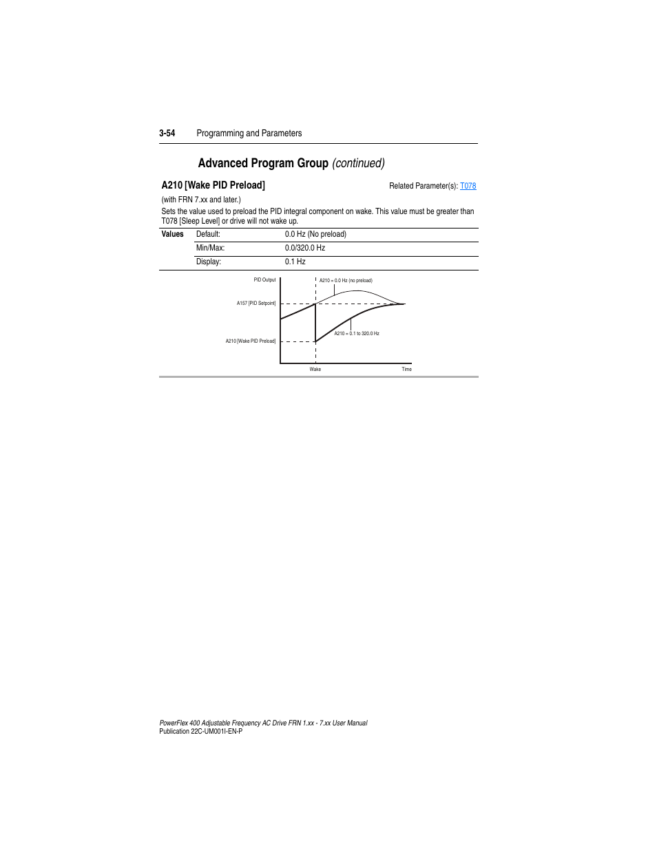 Advanced program group (continued), A210 [wake pid preload | Rockwell Automation 22C PowerFlex 400 AC Drive FRN 1.xx - 7.xx User Manual | Page 112 / 218