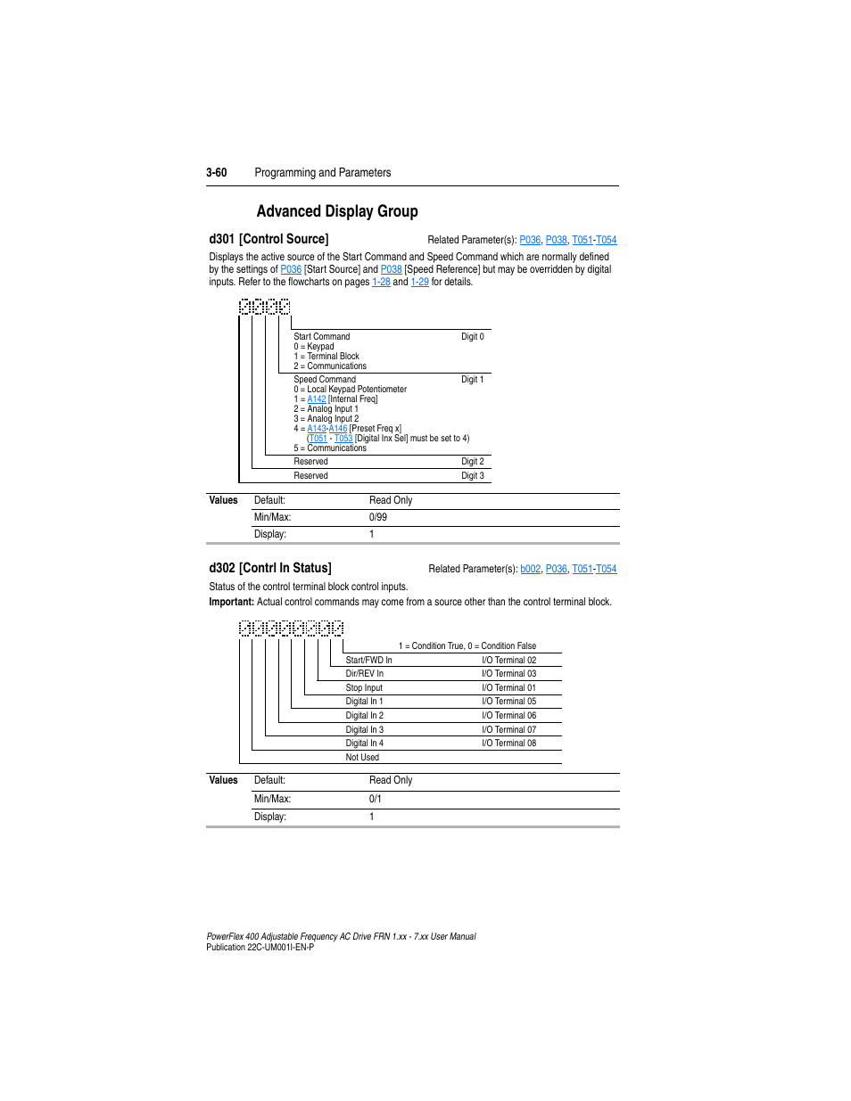 Advanced display group, Advanced display group -60, D302 | D301, D301 [control source, D302 [contrl in status | Rockwell Automation 22C PowerFlex 400 AC Drive FRN 1.xx - 7.xx User Manual | Page 118 / 218
