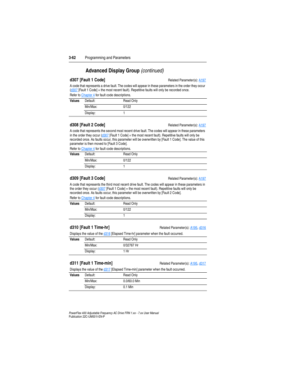 D307, D310, D308 | D309, Advanced display group (continued) | Rockwell Automation 22C PowerFlex 400 AC Drive FRN 1.xx - 7.xx User Manual | Page 120 / 218