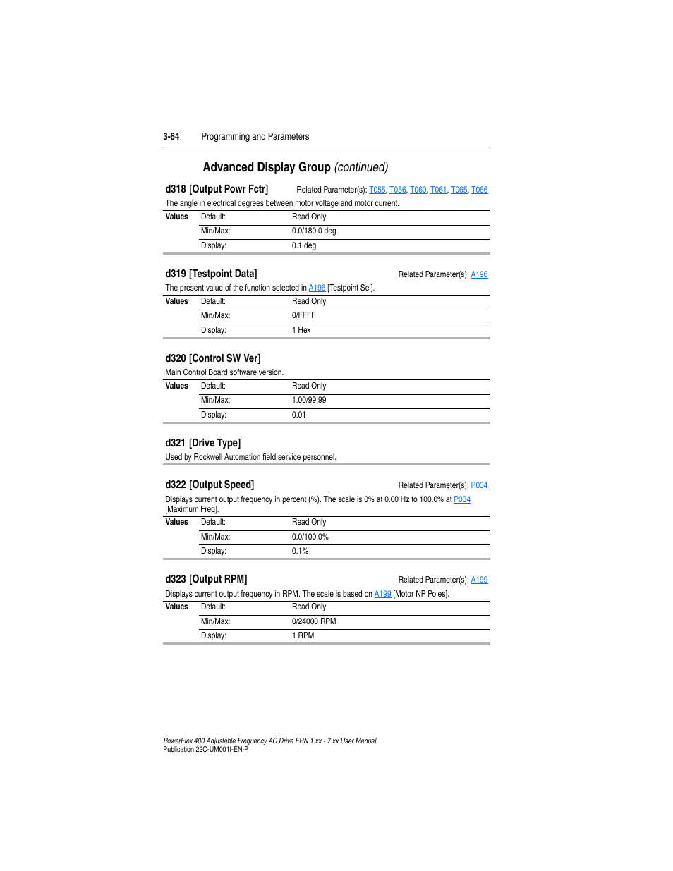 D318, D319, D323 | Advanced display group (continued) | Rockwell Automation 22C PowerFlex 400 AC Drive FRN 1.xx - 7.xx User Manual | Page 122 / 218