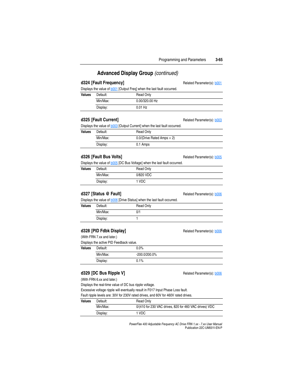 D328, Advanced display group (continued) | Rockwell Automation 22C PowerFlex 400 AC Drive FRN 1.xx - 7.xx User Manual | Page 123 / 218