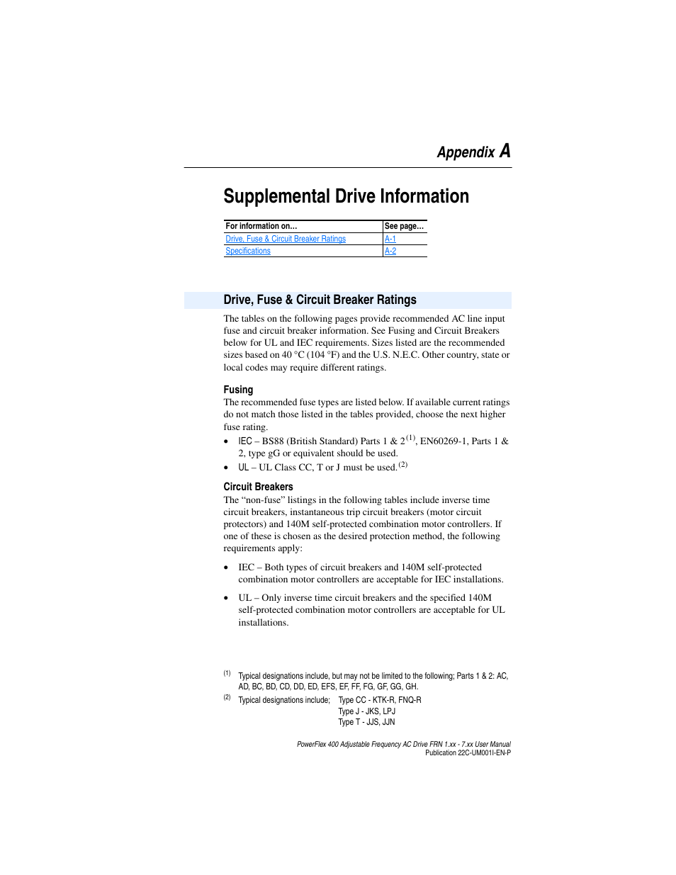 Appendix a, Supplemental drive information, Drive, fuse & circuit breaker ratings | Drive, fuse & circuit breaker ratings . . . a-1, Asupplemental drive information, Appendix | Rockwell Automation 22C PowerFlex 400 AC Drive FRN 1.xx - 7.xx User Manual | Page 143 / 218