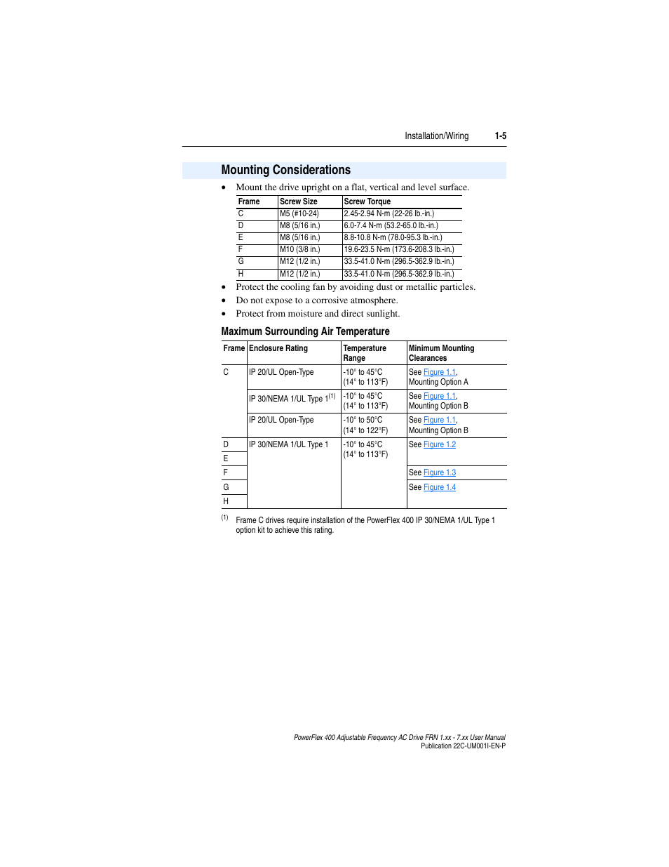 Mounting considerations, Mounting considerations -5 | Rockwell Automation 22C PowerFlex 400 AC Drive FRN 1.xx - 7.xx User Manual | Page 17 / 218
