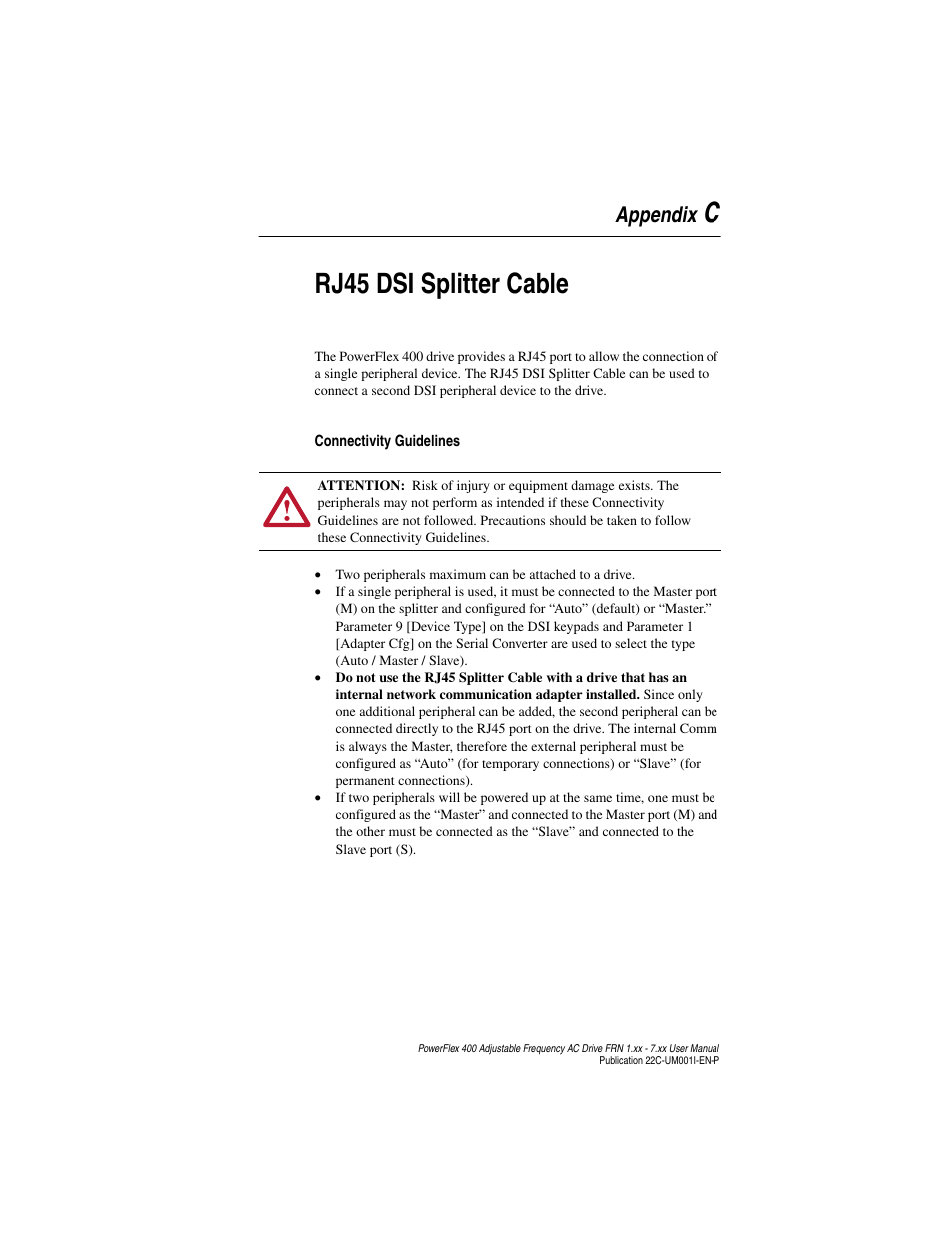 Appendix c, Rj45 dsi splitter cable, R to | Crj45 dsi splitter cable, Appendix | Rockwell Automation 22C PowerFlex 400 AC Drive FRN 1.xx - 7.xx User Manual | Page 173 / 218