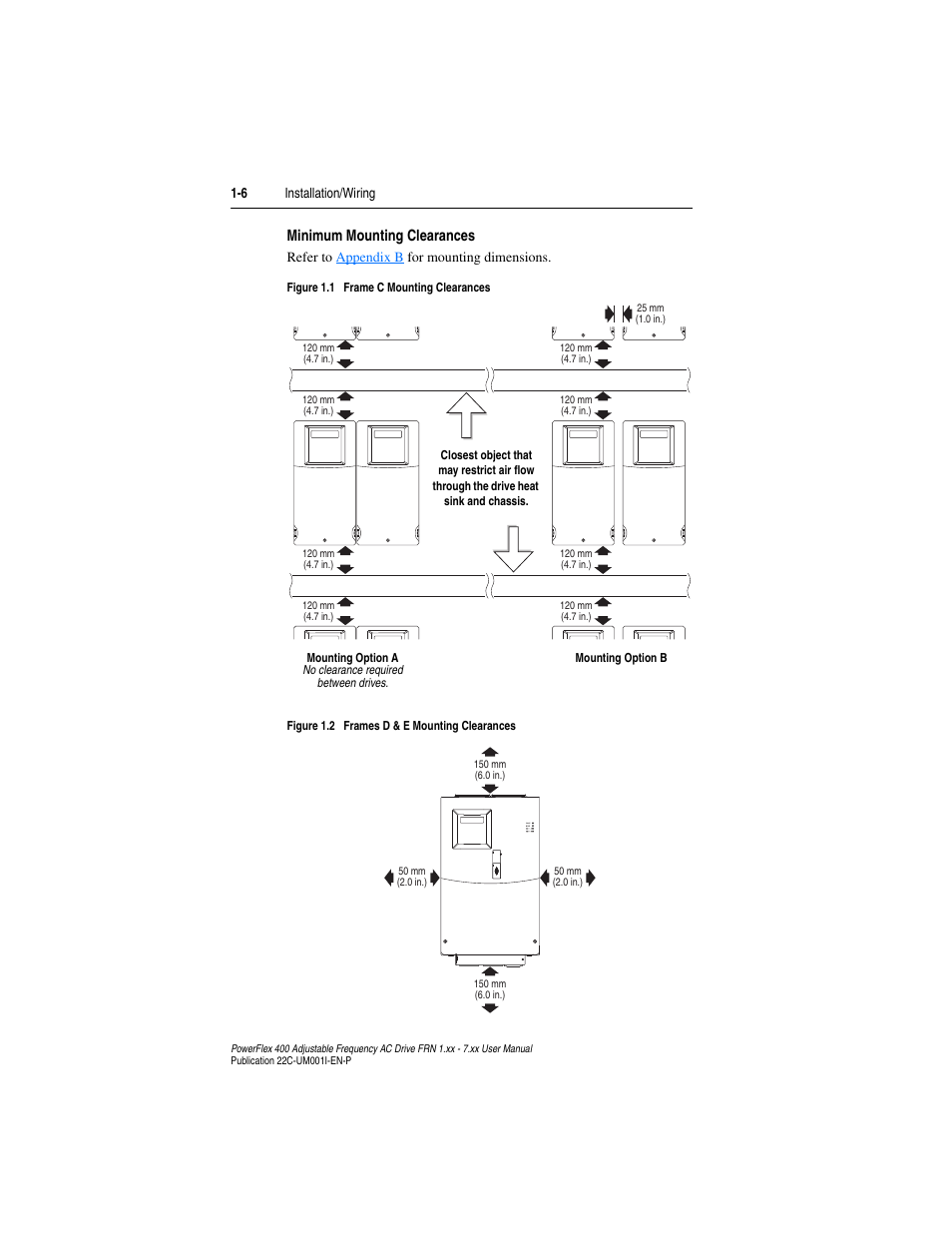 Figure 1.1, Figure 1.2, Minimum mounting clearances | Rockwell Automation 22C PowerFlex 400 AC Drive FRN 1.xx - 7.xx User Manual | Page 18 / 218