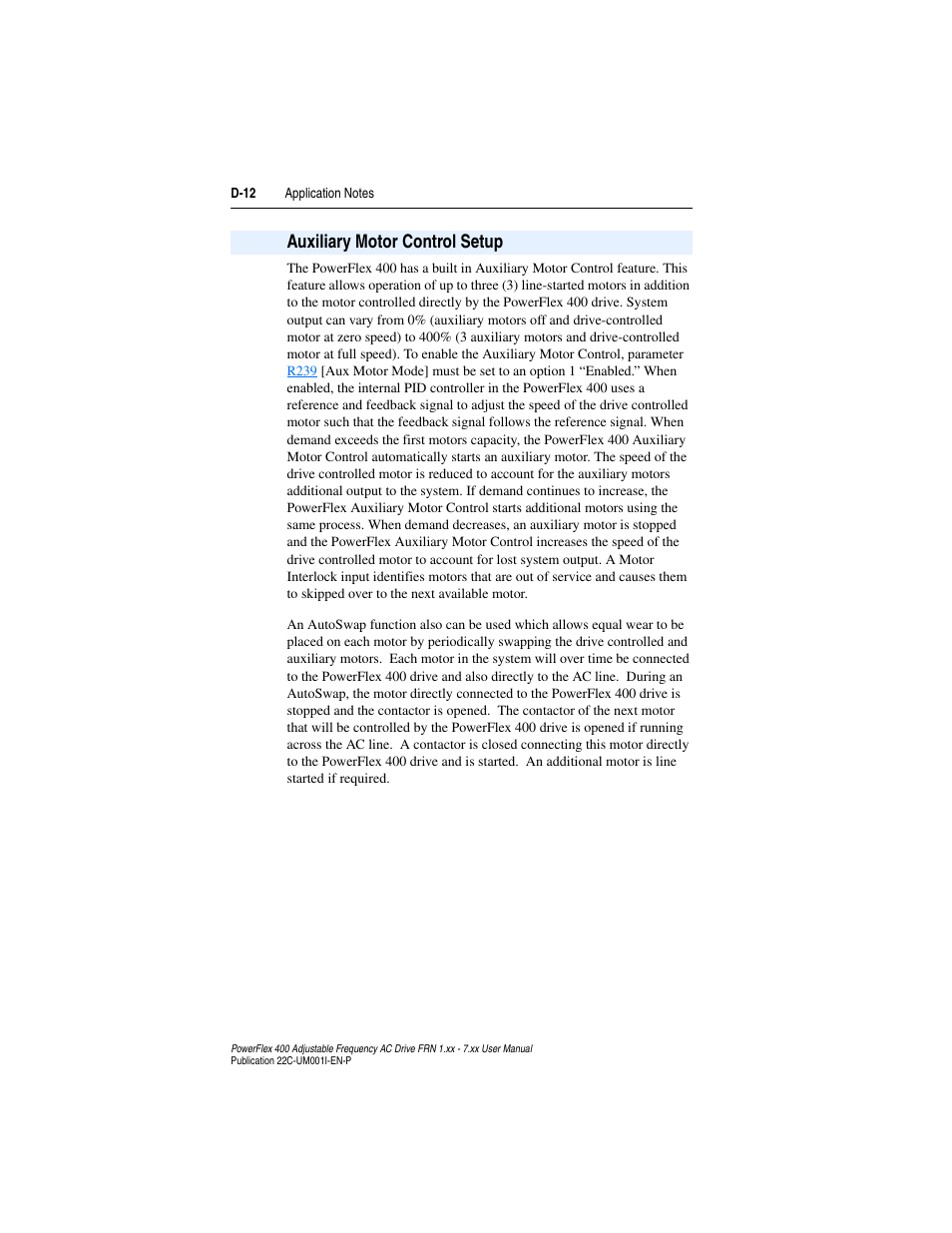 Auxiliary motor control setup, Auxiliary motor control setup . . . . . . . . d-12 | Rockwell Automation 22C PowerFlex 400 AC Drive FRN 1.xx - 7.xx User Manual | Page 188 / 218