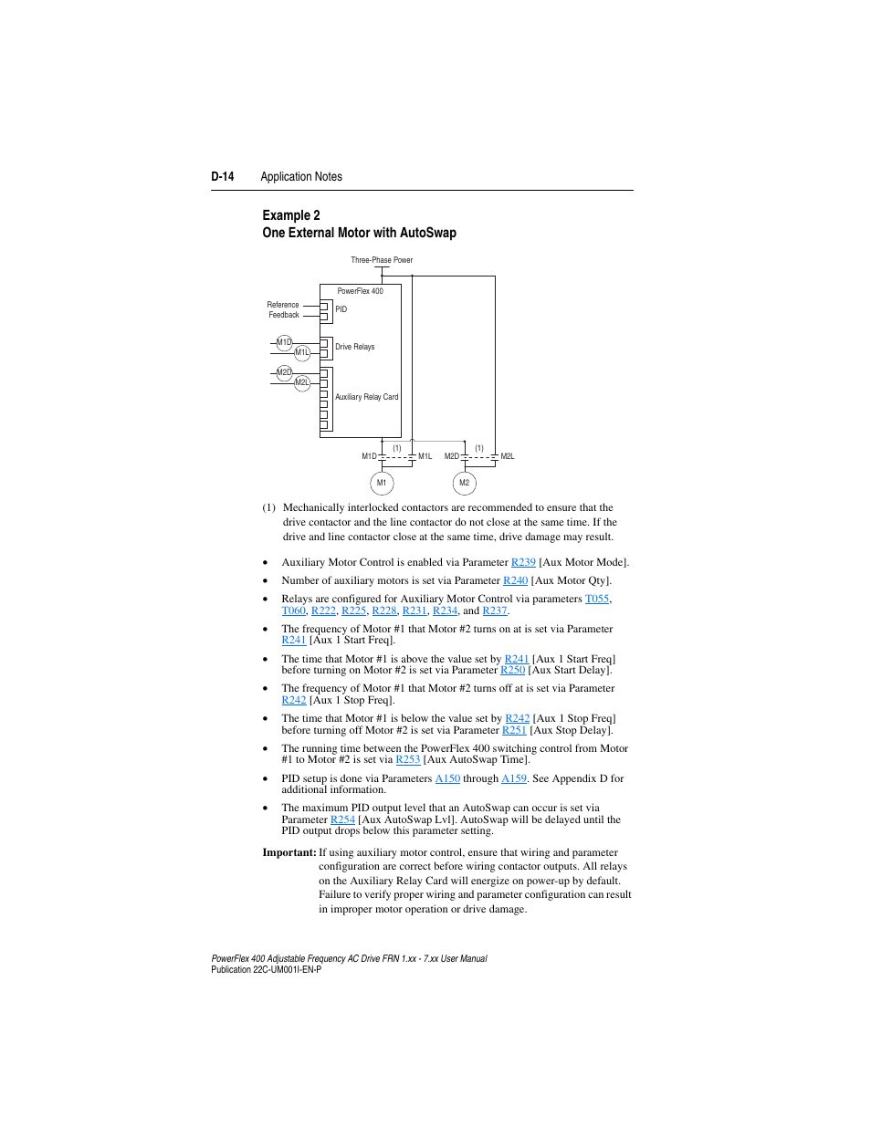 Example 2 one external motor with autoswap | Rockwell Automation 22C PowerFlex 400 AC Drive FRN 1.xx - 7.xx User Manual | Page 190 / 218
