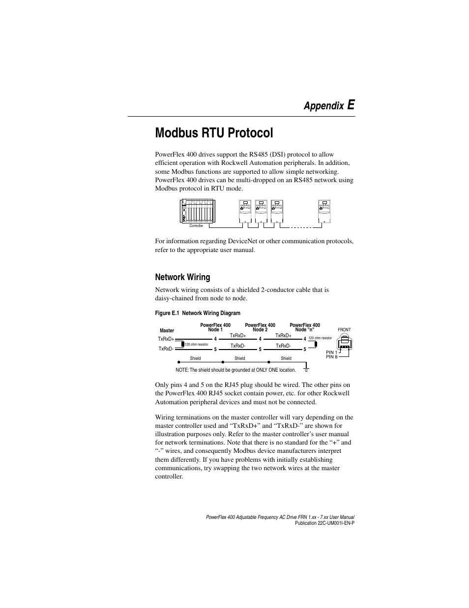 Appendix e, Modbus rtu protocol, Network wiring | Emodbus rtu protocol, Appendix | Rockwell Automation 22C PowerFlex 400 AC Drive FRN 1.xx - 7.xx User Manual | Page 191 / 218