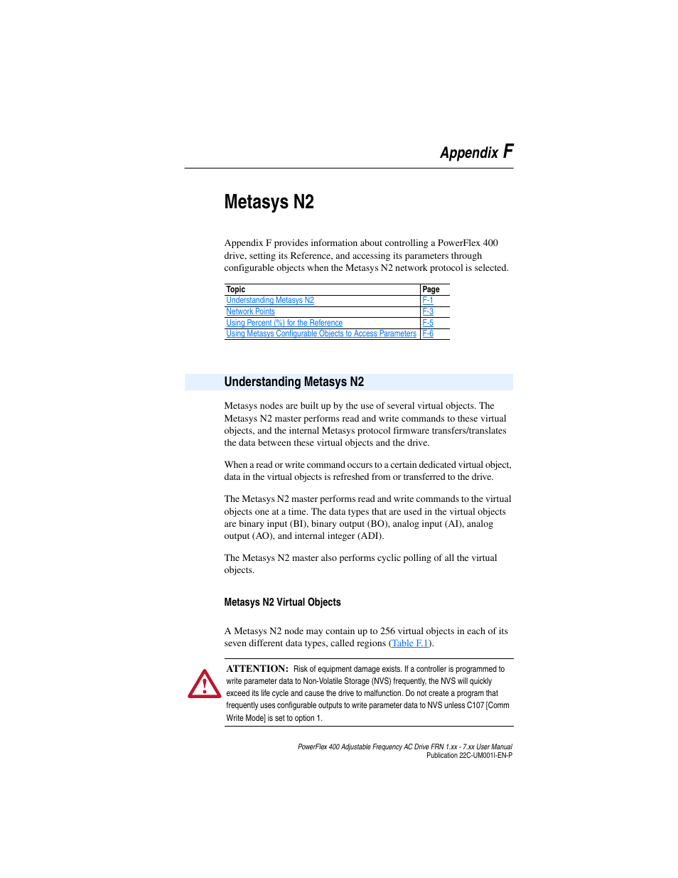 Appendix f, Metasys n2, Understanding metasys n2 | Fmetasys n2, Appendix | Rockwell Automation 22C PowerFlex 400 AC Drive FRN 1.xx - 7.xx User Manual | Page 197 / 218