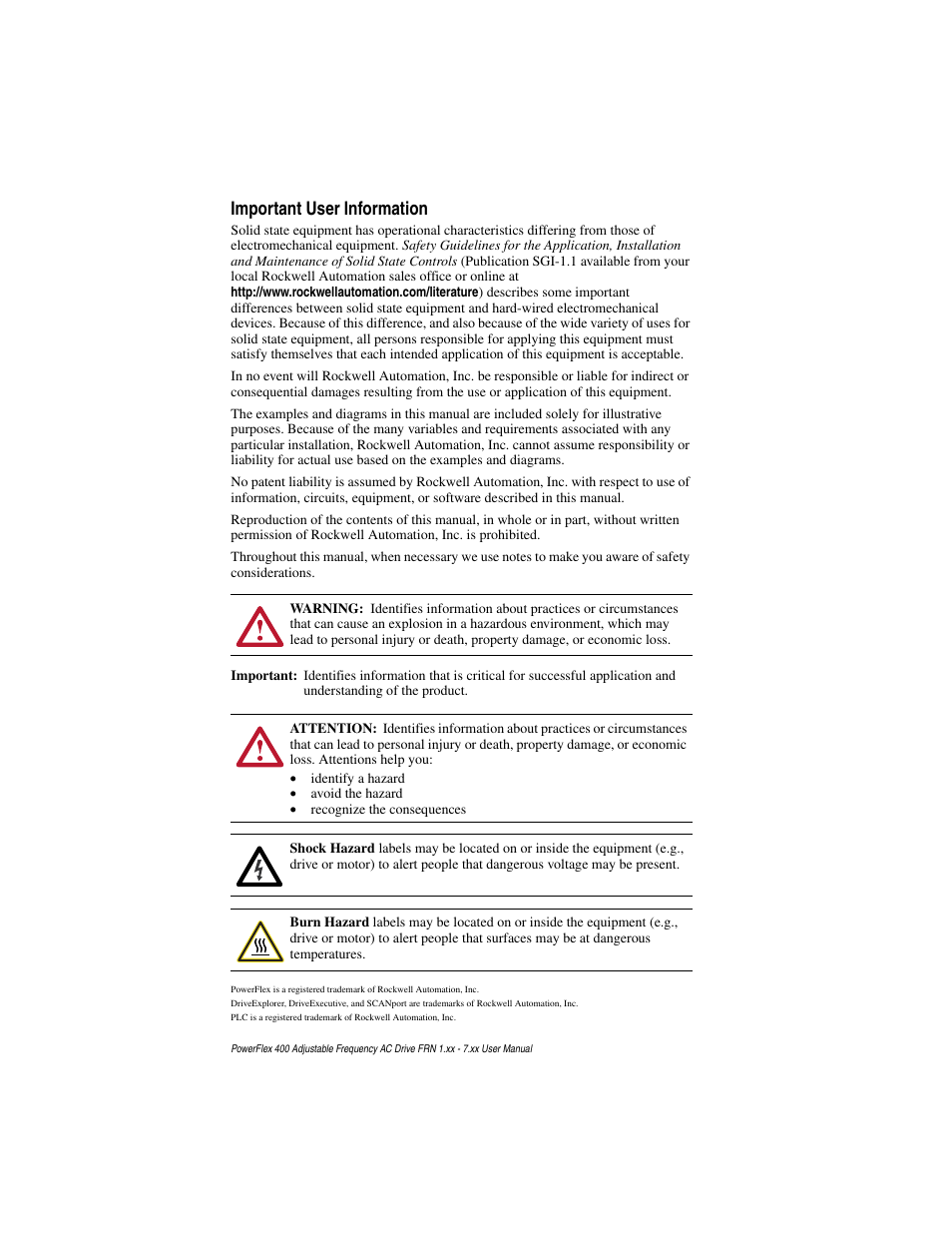 Important user information | Rockwell Automation 22C PowerFlex 400 AC Drive FRN 1.xx - 7.xx User Manual | Page 2 / 218