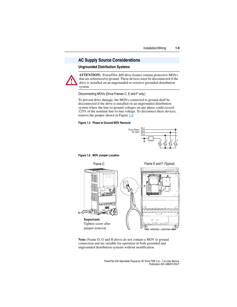 Ac supply source considerations, Ac supply source considerations -9, Ac supply source considerations 1-9 | Rockwell Automation 22C PowerFlex 400 AC Drive FRN 1.xx - 7.xx User Manual | Page 21 / 218