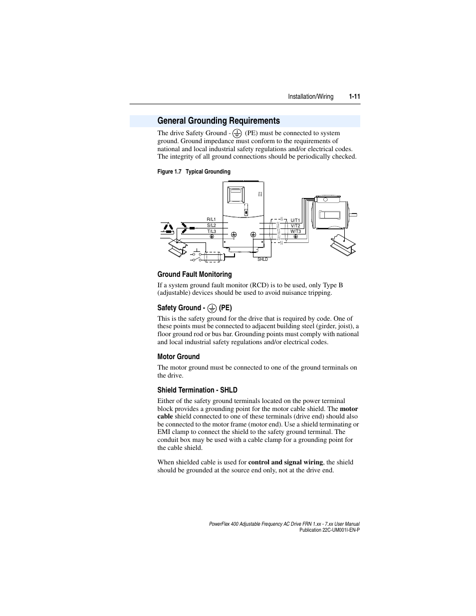 General grounding requirements, General grounding requirements -11, General grounding requirements 1-11 | Rockwell Automation 22C PowerFlex 400 AC Drive FRN 1.xx - 7.xx User Manual | Page 23 / 218