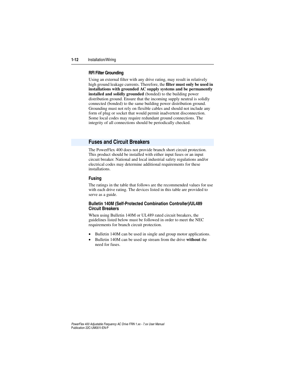 Fuses and circuit breakers, Fuses and circuit breakers -12, Fuses and circuit breakers 1-12 | Rockwell Automation 22C PowerFlex 400 AC Drive FRN 1.xx - 7.xx User Manual | Page 24 / 218