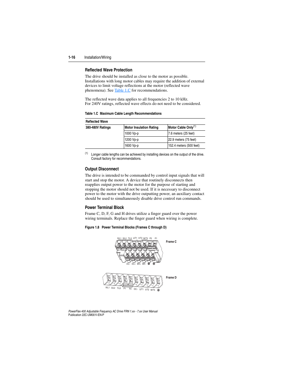 Reflected wave protection, Output disconnect, Power terminal block | Rockwell Automation 22C PowerFlex 400 AC Drive FRN 1.xx - 7.xx User Manual | Page 28 / 218
