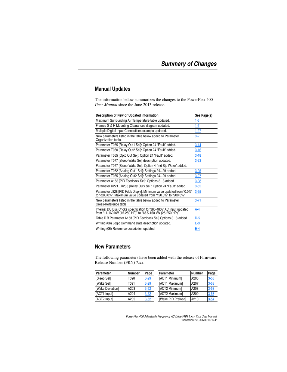 Summary of changes, Manual updates, New parameters | Rockwell Automation 22C PowerFlex 400 AC Drive FRN 1.xx - 7.xx User Manual | Page 3 / 218
