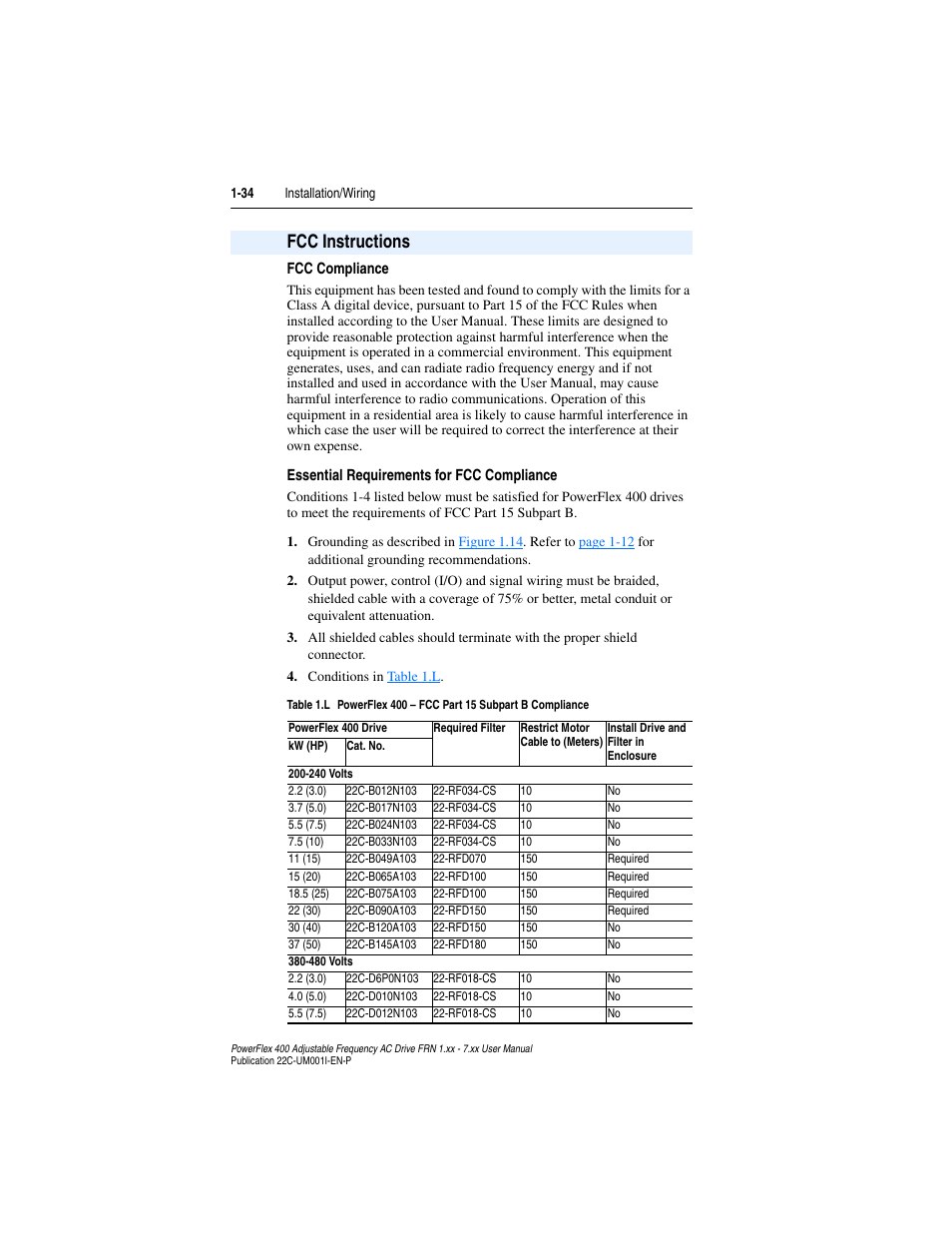 Fcc instructions, Fcc instructions -34 | Rockwell Automation 22C PowerFlex 400 AC Drive FRN 1.xx - 7.xx User Manual | Page 46 / 218