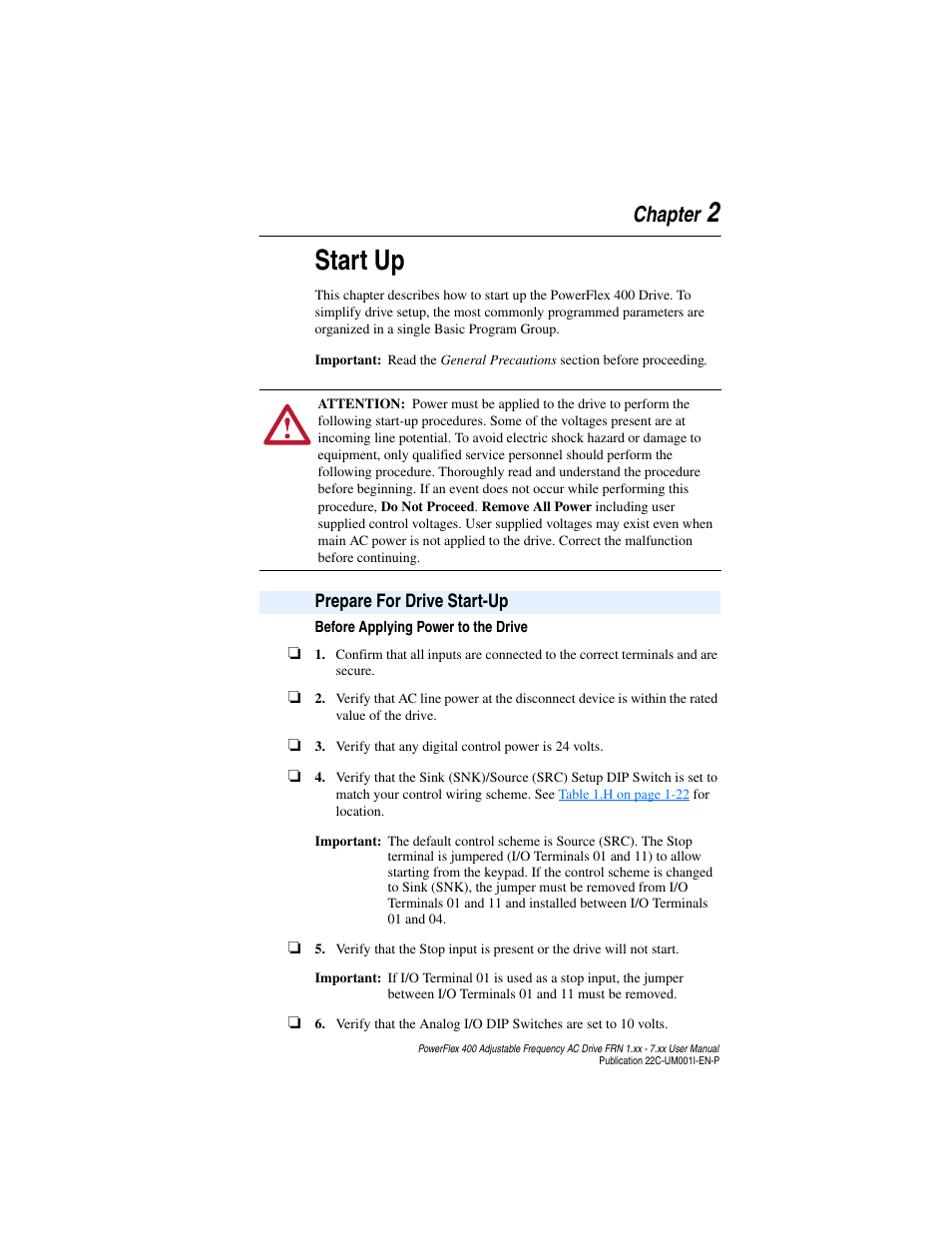 Chapter 2, Start up, Prepare for drive start-up | Prepare for drive start-up -1, 2start up, Chapter | Rockwell Automation 22C PowerFlex 400 AC Drive FRN 1.xx - 7.xx User Manual | Page 49 / 218