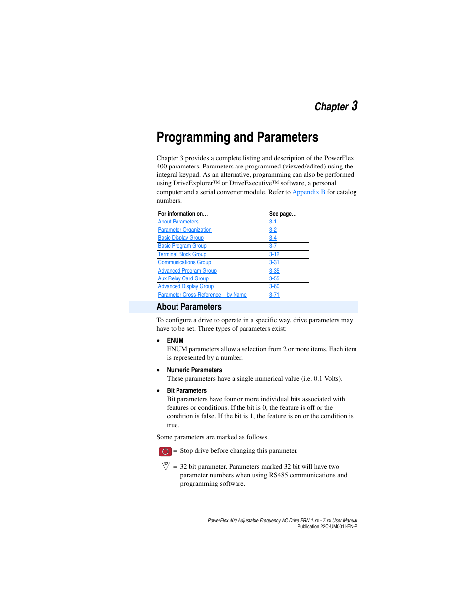 Chapter 3, Programming and parameters, About parameters | About parameters -1, 3programming and parameters, Chapter, About p arameters | Rockwell Automation 22C PowerFlex 400 AC Drive FRN 1.xx - 7.xx User Manual | Page 59 / 218