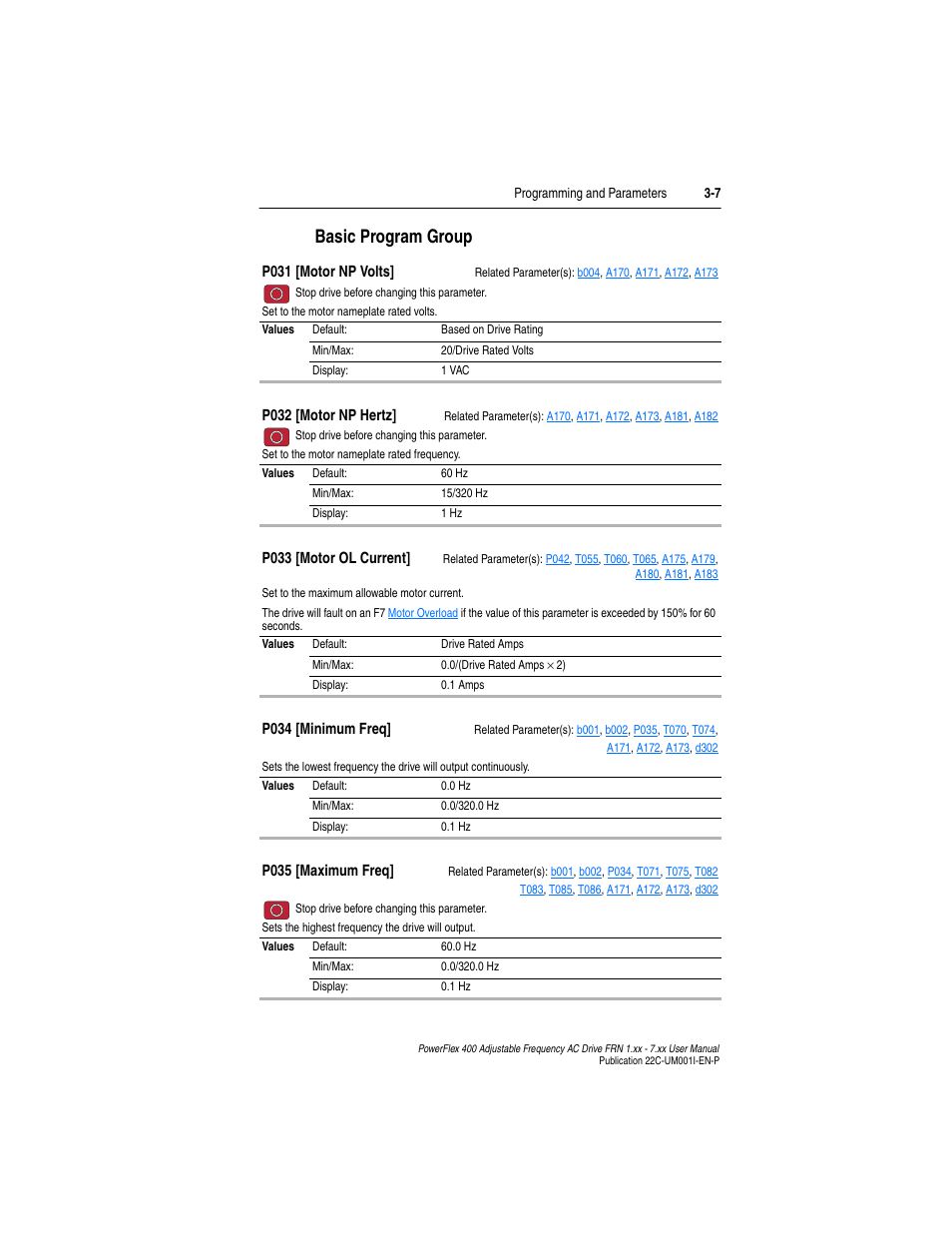 Basic program group, Basic program group -7, P034 | P035, P031 | Rockwell Automation 22C PowerFlex 400 AC Drive FRN 1.xx - 7.xx User Manual | Page 65 / 218
