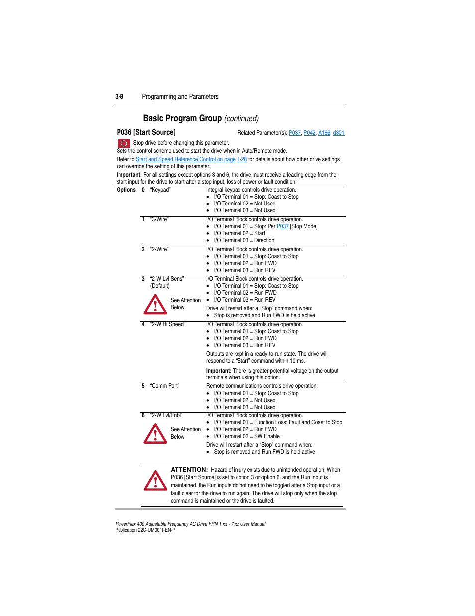 P036, Termined by, Star | Basic program group, Continued) | Rockwell Automation 22C PowerFlex 400 AC Drive FRN 1.xx - 7.xx User Manual | Page 66 / 218