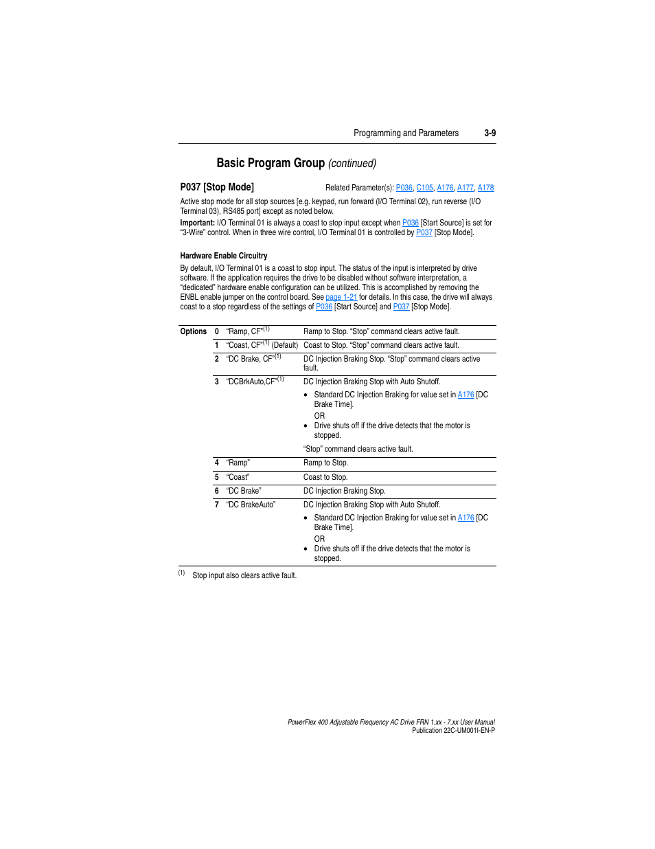 P037, Basic program group, Continued) | Rockwell Automation 22C PowerFlex 400 AC Drive FRN 1.xx - 7.xx User Manual | Page 67 / 218