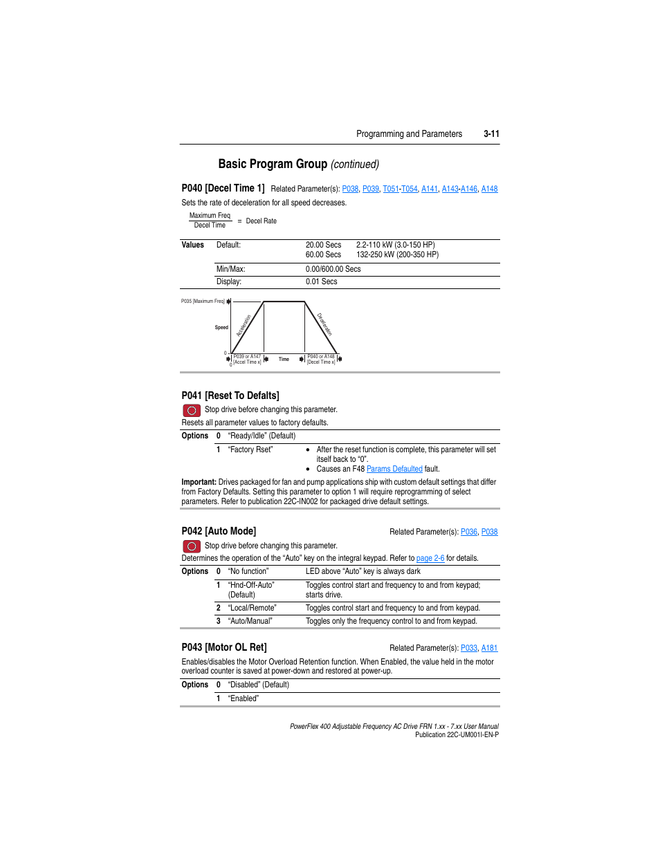 P042, P040, Basic program group | Continued) | Rockwell Automation 22C PowerFlex 400 AC Drive FRN 1.xx - 7.xx User Manual | Page 69 / 218