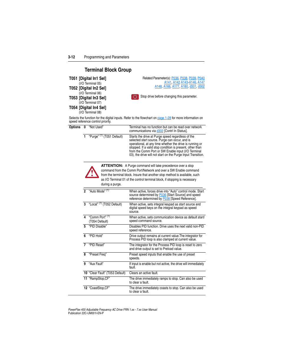 Terminal block group, Terminal block group -12, T051 | T052, T053, T054, When | Rockwell Automation 22C PowerFlex 400 AC Drive FRN 1.xx - 7.xx User Manual | Page 70 / 218