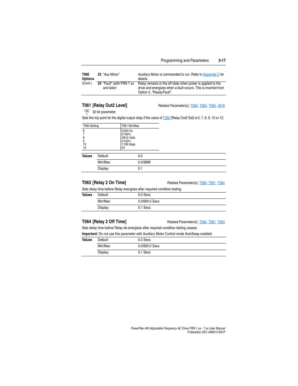 T061, T063, T064 | Rockwell Automation 22C PowerFlex 400 AC Drive FRN 1.xx - 7.xx User Manual | Page 75 / 218