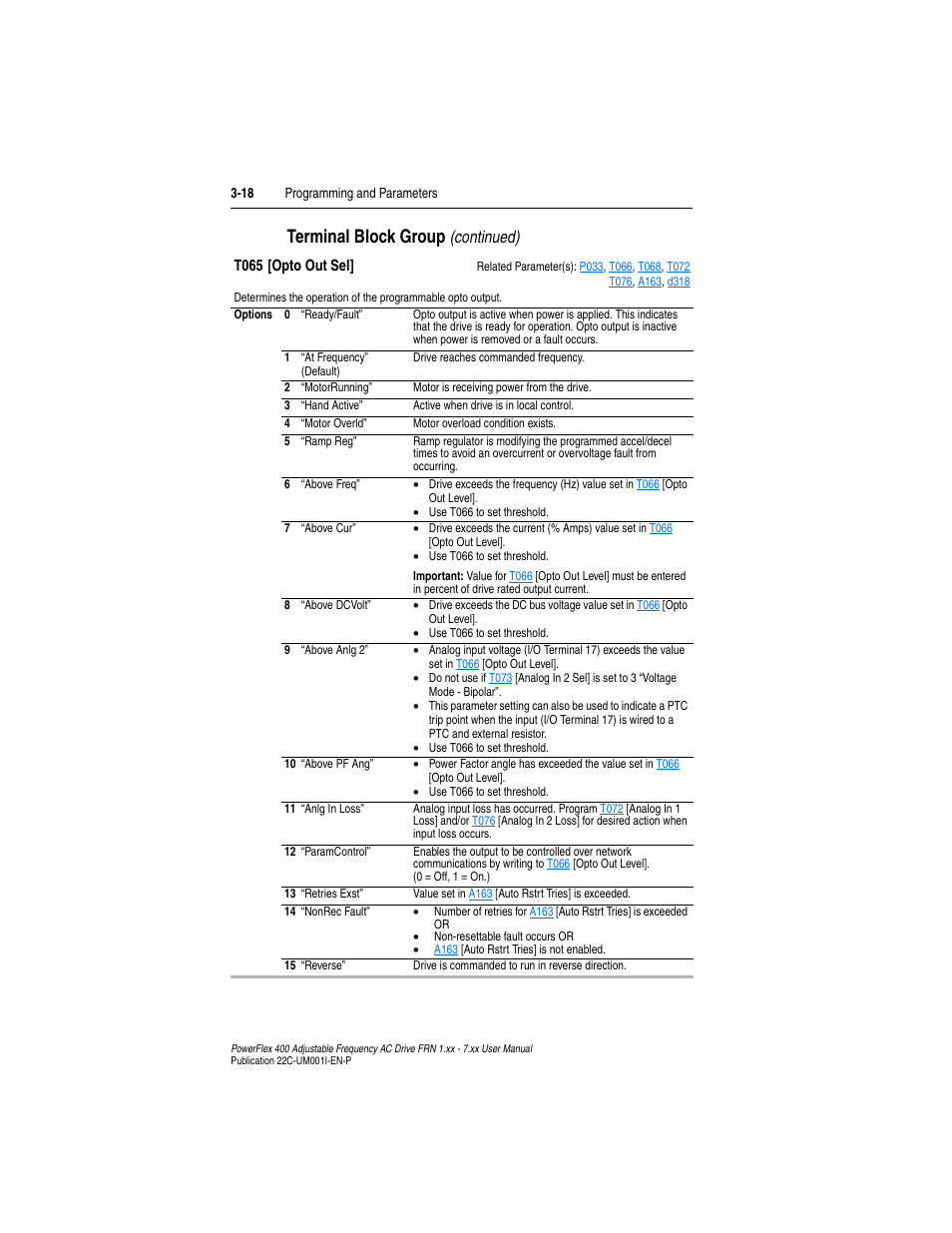 T065, Terminal block group, Continued) | Rockwell Automation 22C PowerFlex 400 AC Drive FRN 1.xx - 7.xx User Manual | Page 76 / 218