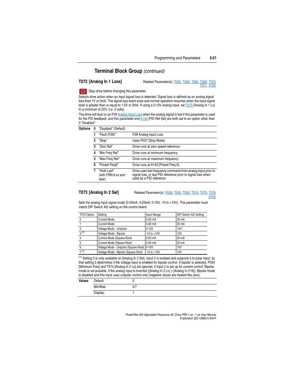 T072, T073, E if | Terminal block group, Continued), T072 [analog in 1 loss, T073 [analog in 2 sel | Rockwell Automation 22C PowerFlex 400 AC Drive FRN 1.xx - 7.xx User Manual | Page 79 / 218