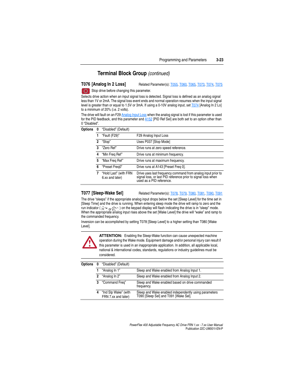 T076, Terminal block group, Continued) | Rockwell Automation 22C PowerFlex 400 AC Drive FRN 1.xx - 7.xx User Manual | Page 81 / 218