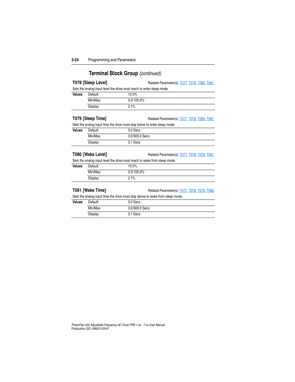 T078, T079, T080 | T081, Terminal block group, Continued) | Rockwell Automation 22C PowerFlex 400 AC Drive FRN 1.xx - 7.xx User Manual | Page 82 / 218