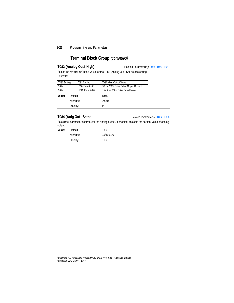 T084, T083, Terminal block group | Continued) | Rockwell Automation 22C PowerFlex 400 AC Drive FRN 1.xx - 7.xx User Manual | Page 84 / 218
